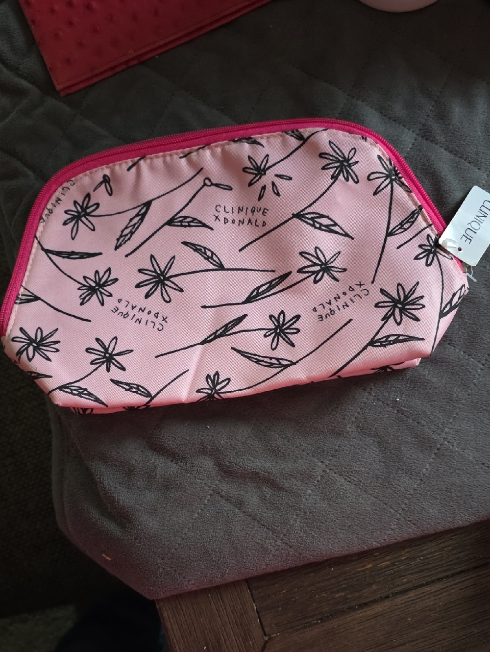 Clinique Pink and Black Floral Cosmetic Bag